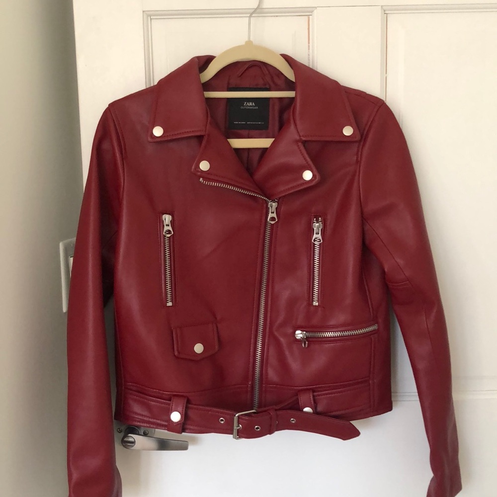 Zara Red Biker Moto Faux Leather Jacket